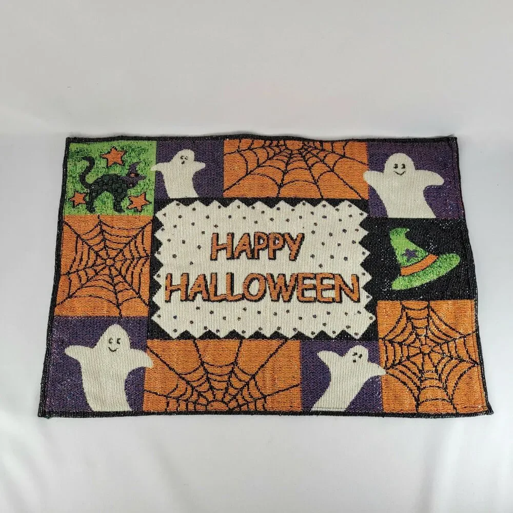 Vintage 90s Halloween Placemats Set of 2 Tapestry Woven Witchy Whimsigoth 2000s